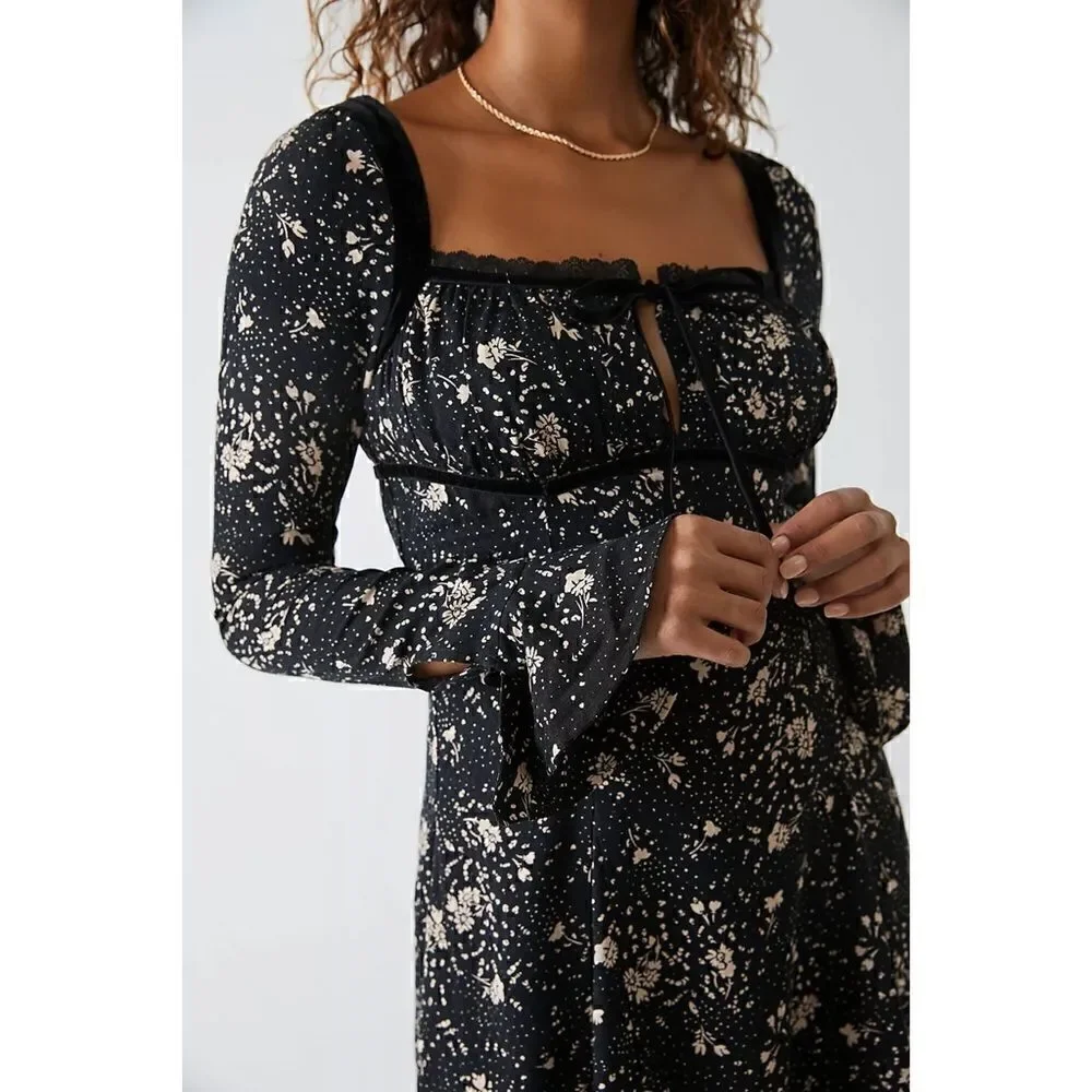 NWT Free People Tess Floral Print Long Sleeve Mini Dress in Black Combo, Size XS